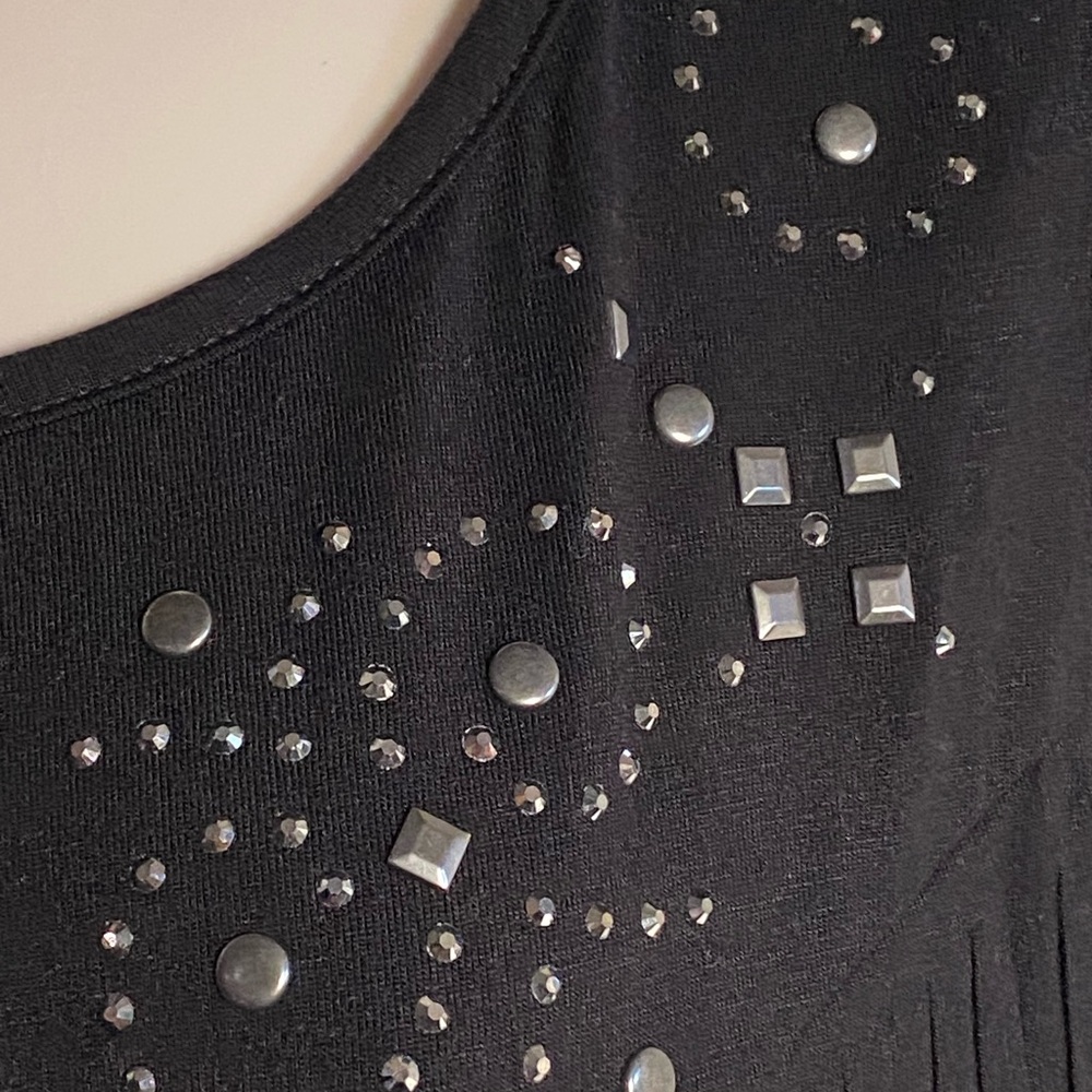 Vocal Deep Black Sleeveless Top, Fringe Front, Round Neckline with Stud Detail - Picture 5 of 11